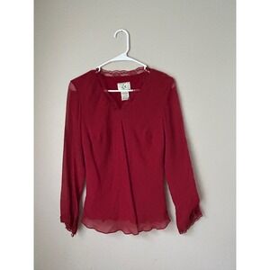 Vintage Silk Blend Red Long Sleeve Lace‎ Trim Blouse Top